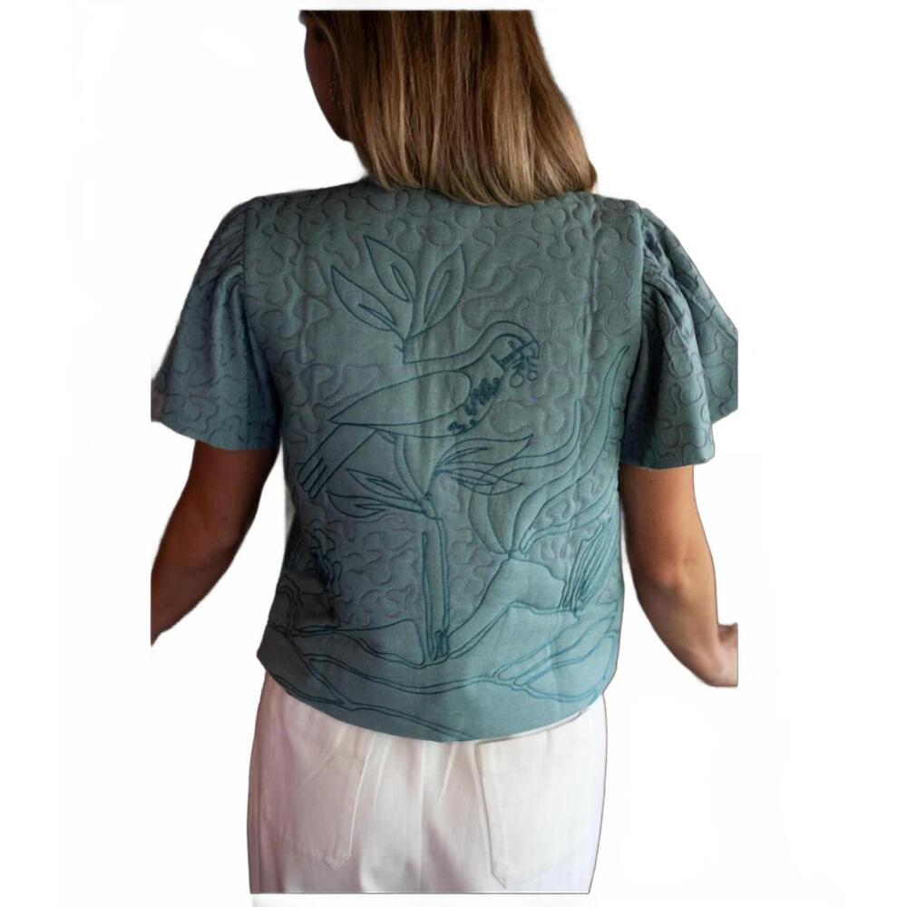 NEW EXVOTO darby reversible embroidery linen vest in mineral blue - Picture 6 of 8